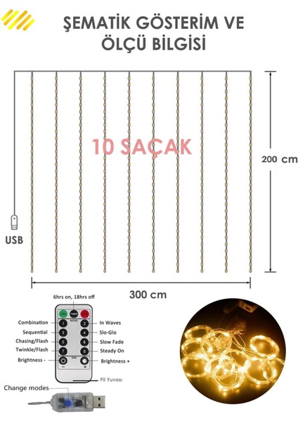 3x2 Metre 200 Ledli Peri Telli Perde LED Işık Kumandalı Usb'li 8 Animasyonlu Günışığı