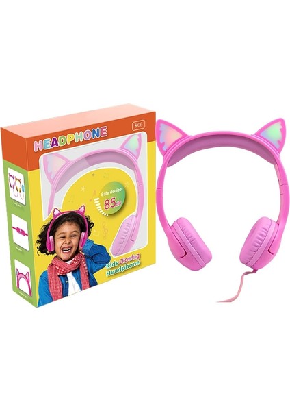 LX-K06 3.5mm Çocuk Kulaklığı Kablolu Kulaklık-Pembe Kedi Kulak Stili (Yurt Dışından)