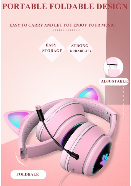 AKZ-022 Mikrofonlu USB Katlanabilir LED Kulaklık - Pembe Kedi Kulağı Stili (Yurt Dışından)