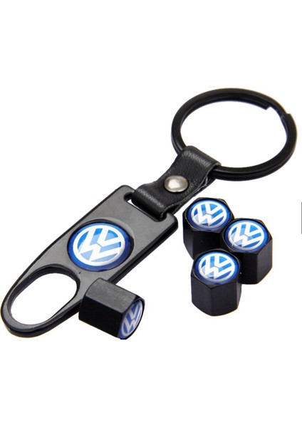 Volkswagen Mavi Logolu Paslanmaz Çelik Sibop Kapağı ve Anahtarlık Seti