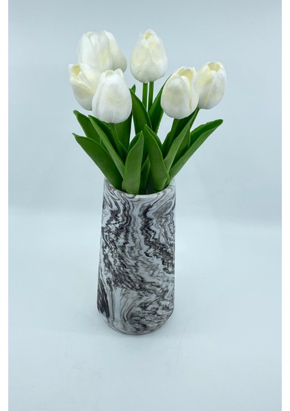 20 cm Mermer Desenli Beton Vazoda Yapay Islak Lale 7 Dal Beyaz fiyatları