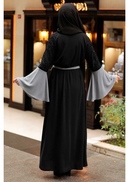 Neva Style - Kolları Detaylı Gri Tesettür Abaya 55510GR
