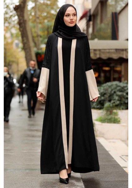 Neva Style - Kolları Detaylı Bej Tesettür Abaya 55510BEJ