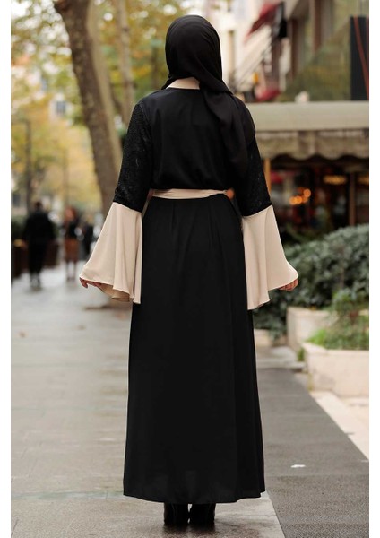 Neva Style - Kolları Detaylı Bej Tesettür Abaya 55510BEJ