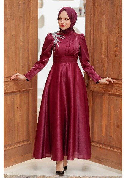 Tesettürlü Abiye Elbise - Saten Bordo Tesettür Abiye Elbise 22301BR