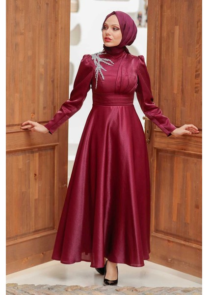 Tesettürlü Abiye Elbise - Saten Bordo Tesettür Abiye Elbise 22301BR