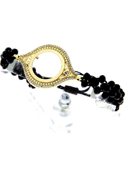 Siyah Kristalli Kemangözlüm Çeyreklikli Makrome Bileklik