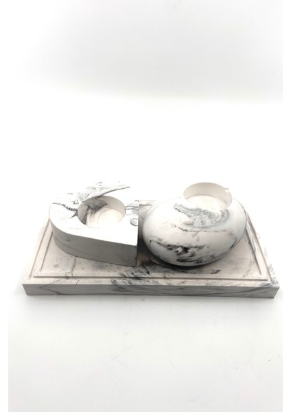 Üçlü Set Mermer Desenli Beton Tealight Mumluk ve Tepsi