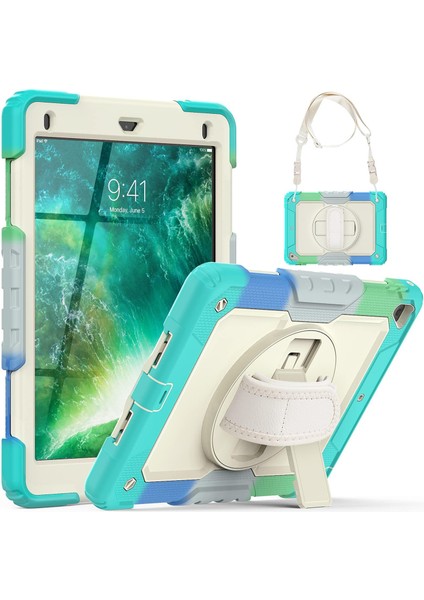 Apple iPad Air 2 9.7 Inç Uyumlu Askılı Ekran Koruyuculu Kalemlikli Gökkuşağı Renkli Strap Tablet Kılıfı 360° Dönebilen Kılıf