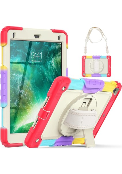 Apple iPad Air 2 9.7 Inç Uyumlu Askılı Ekran Koruyuculu Kalemlikli Gökkuşağı Renkli Strap Tablet Kılıfı 360° Dönebilen Kılıf