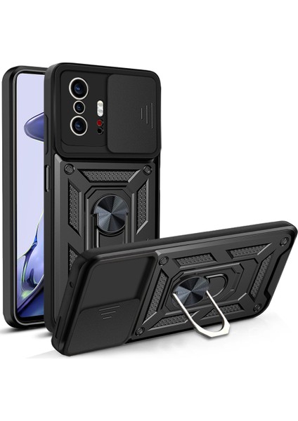 Oppo A54 4g Kılıf Lens Sürgülü Yüzüklü Tank Silikon Pars - Siyah