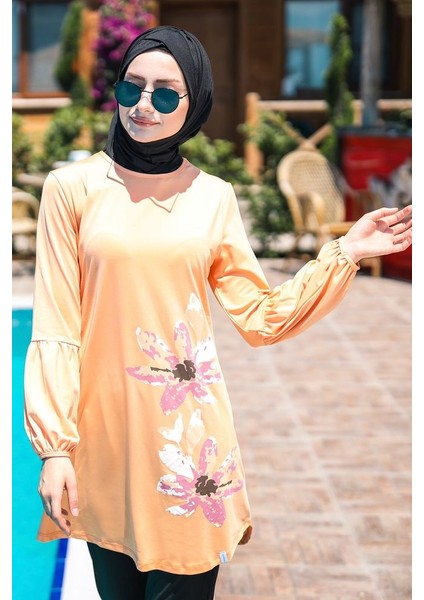 Sulu Boya Çiçek Detaylı Likralı Tam Kapalı Tesettür Mayo 4'lü Set Marina Mayo M2013 Yavruağzı modelleri