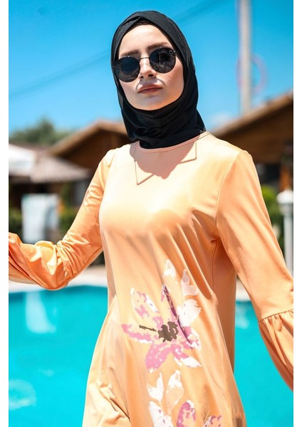 Sulu Boya Çiçek Detaylı Likralı Tam Kapalı Tesettür Mayo 4'lü Set Marina Mayo M2013 Yavruağzı fırsatları