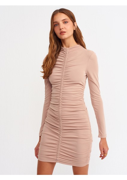 90306 Büzgülü Mini Elbise-Camel modelleri