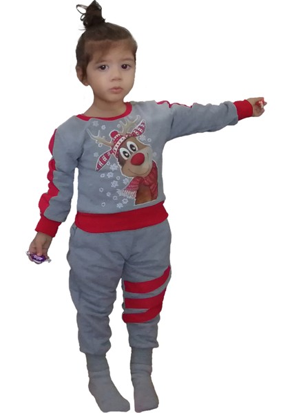 Geyik Baskılı Penye Unisex Kız-Erkek Çocuk Eşofman Takımı 3'lü Set 1-8 Yaş