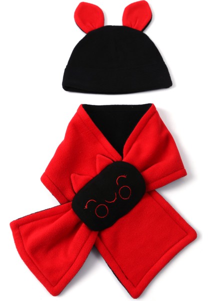 Gülen Yüz Nakışlı, Kırmızı - Siyah Polar Fular Atkı- Bere Set Kız - Erkek Çocuk Unisex