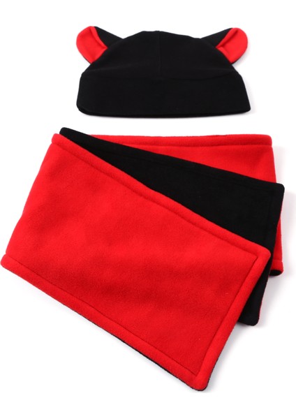 Gülen Yüz Nakışlı, Kırmızı - Siyah Polar Fular Atkı- Bere Set Kız - Erkek Çocuk Unisex modelleri