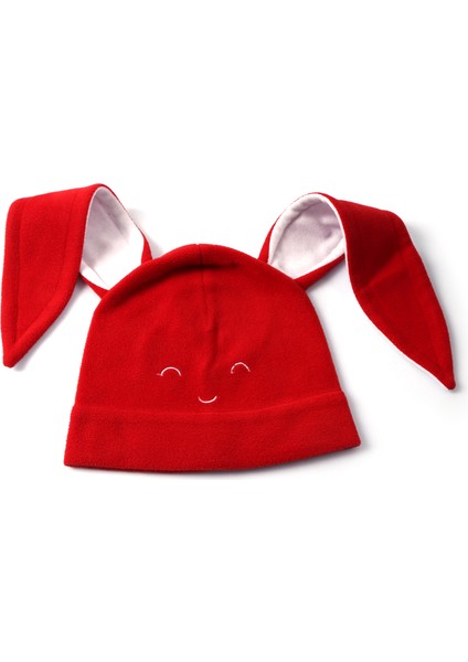 Kırmızı Tavşan Kulak Gülen Yüz Nakışlı Polar Bere. Kız Erkek Çocuk Unisex