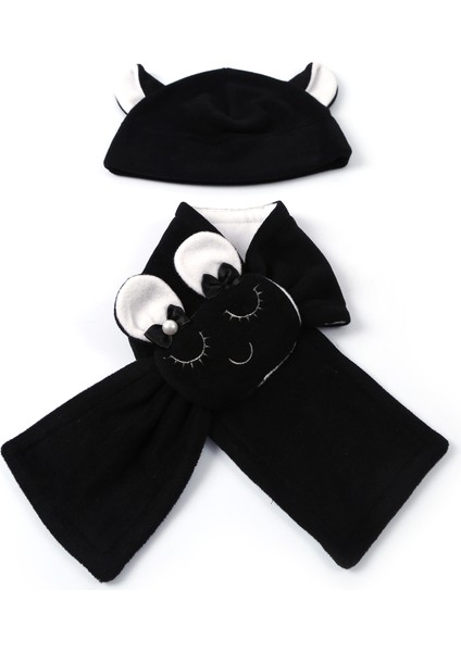 Masum Yüz Nakışlı, Siyah - Beyaz Polar Atkı- Bere Kız - Erkek Çocuk Unisex