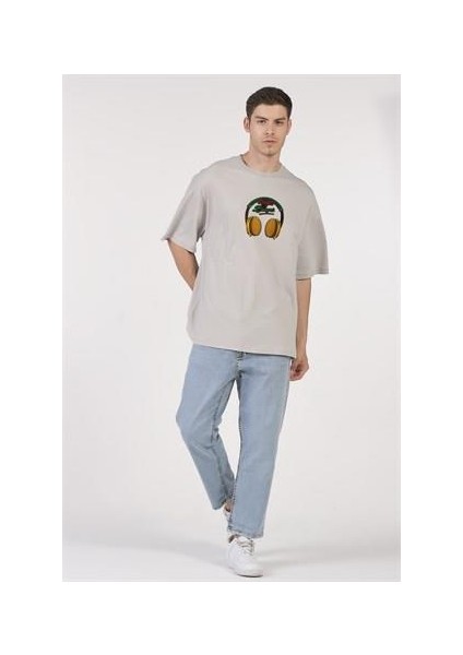 Oversize T-Shirt Sonds Of Burger Baskılı Açık Gri Erkek-Kadın