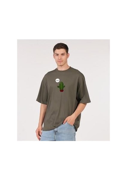 Oversize T-Shirt Hug Kaktüs Baskılı Haki Erkek-Kadın