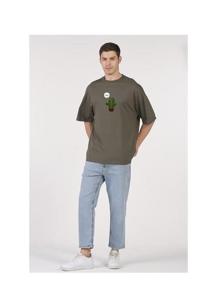 Oversize T-Shirt Hug Kaktüs Baskılı Haki Erkek-Kadın fiyatları