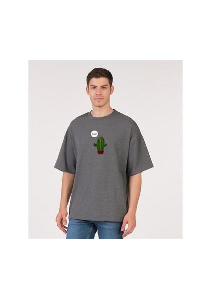 Oversize T-Shirt Hug Kaktüs Baskılı Antrasit Erkek-Kadın