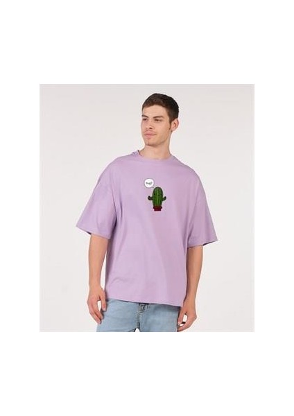 Oversize T-Shirt Hug Kaktüs Baskılı Lila Erkek-Kadın