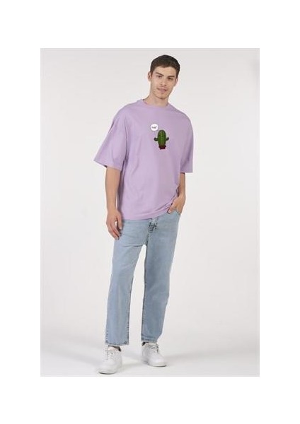 Oversize T-Shirt Hug Kaktüs Baskılı Lila Erkek-Kadın modelleri