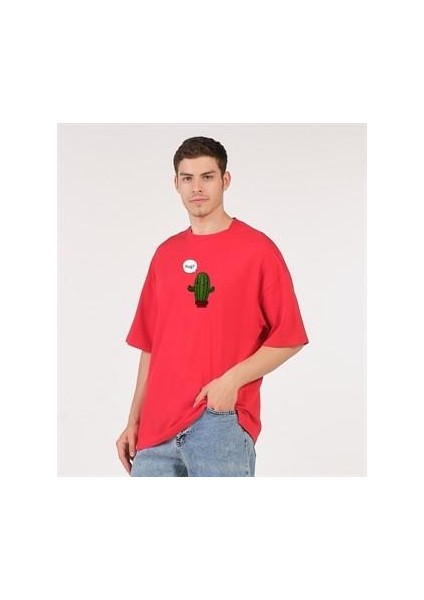 Oversize T-Shirt Hug Kaktüs Baskılı Kırmızı Erkek-Kadın