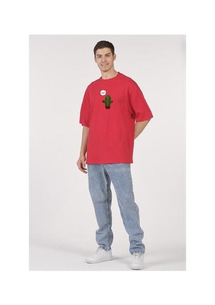 Oversize T-Shirt Hug Kaktüs Baskılı Kırmızı Erkek-Kadın fiyatları