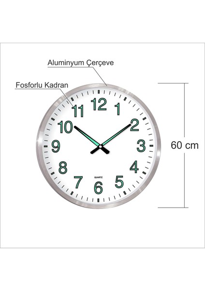 Büyük Dev 60 cm Ebat Ebadında Aluminyum Çerçeve Gerçek Ön Camlı Gece Görünen Fosforlu Duvar Saati indirimleri