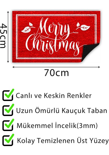 Merry Christmas Kırmızı Yılbaşı Kapı Önü Paspası Yılbaşı Dekoru Dış Mekan ve Ev Içi Paspas 45X70CM