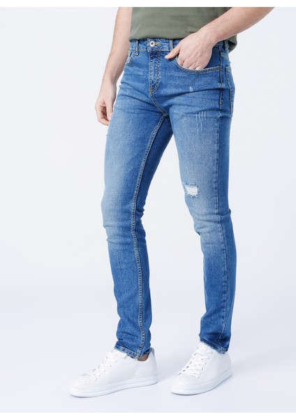 Düşük Bel Slim Fit Mavi Erkek Denim Pantolon 5156