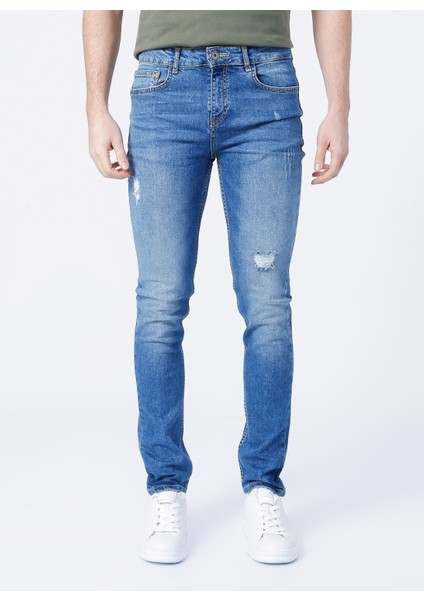 Düşük Bel Slim Fit Mavi Erkek Denim Pantolon 5156