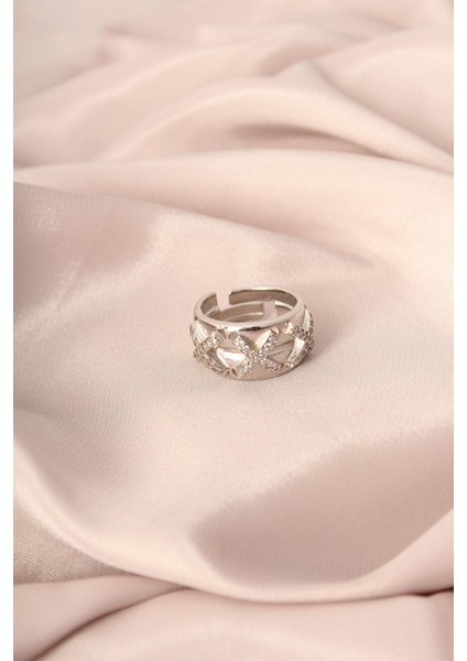 Gümüş Renk Metal Zirkon Taşlı Çarpı Model Ayarlanabilir Kadın Yüzük