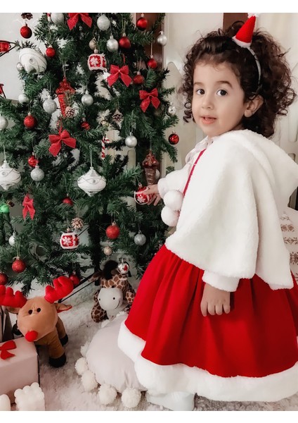 Noelcute Kırmızı Yılbaşı Kız Çocuk Elbise ve Beyaz Etol