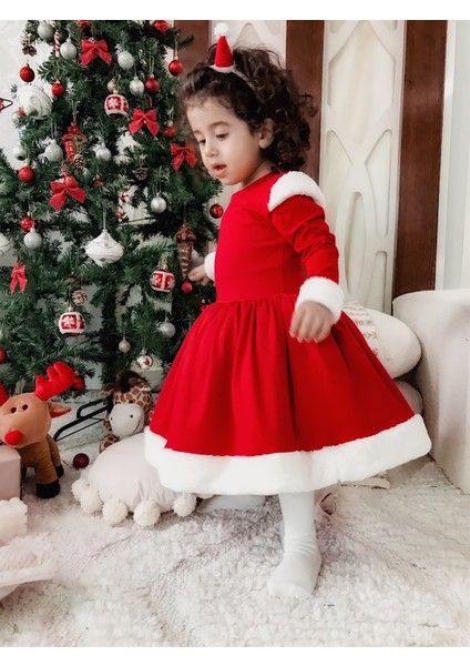 Noelcute Kırmızı Yılbaşı Kız Çocuk Elbise ve Beyaz Etol