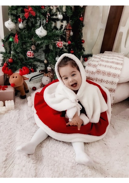 Noelcute Kırmızı Yılbaşı Kız Çocuk Elbise ve Beyaz Etol