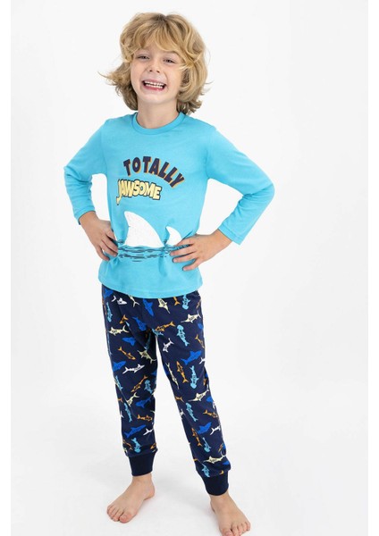 2357 Totally Jawsome Turkuaz Erkek Çocuk Uzun Kol Pijama Takımı
