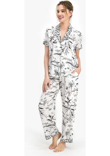 7736 Leopard Krem Kadın Gömlek Pijama