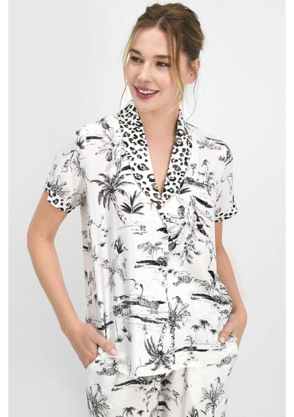 7736 Leopard Krem Kadın Gömlek Pijama modelleri