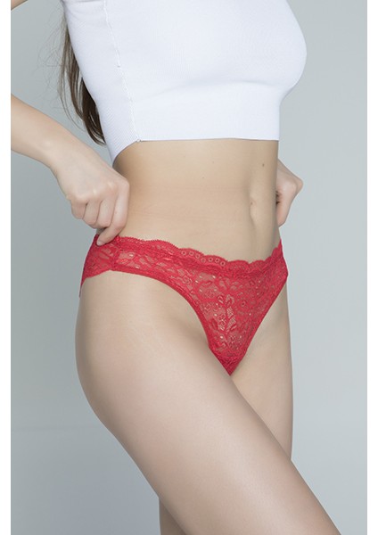 Dantelli Brazilian(Brezilya) Kırmızı Külot. Vücut Boyunca Düz Duran Yumuşak Kumaş fırsatları