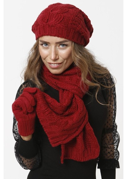 Kadın Triko Örgü Model Bordo Atkı Bere Eldiven Set