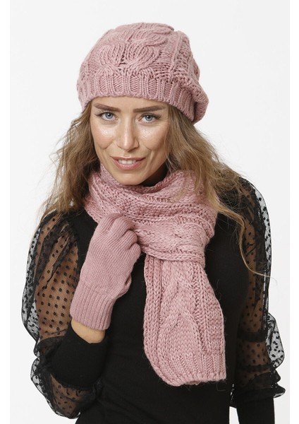 Kadın Triko Örgü Model Atkı Bere Eldiven Set