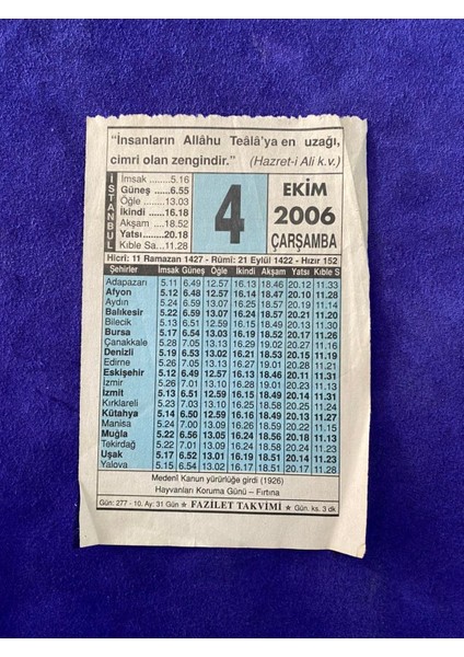 4 Ekim 2006 Takvim Yaprağı - Nostalji Koleksiyonluk Takvim Yaprağı