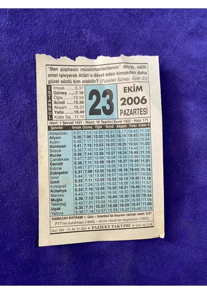 23 Ekim 2006 Takvim Yaprağı - Nostalji Koleksiyonluk Takvim Yaprağı
