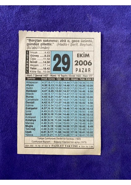 29 Ekim 2006 Takvim Yaprağı - Nostalji Koleksiyonluk Takvim Yaprağı