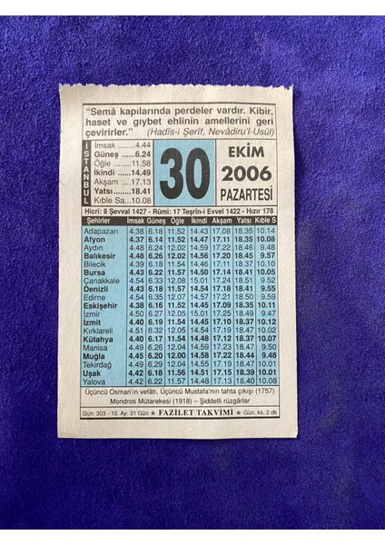 30 Ekim 2006 Takvim Yaprağı - Nostalji Koleksiyonluk Takvim Yaprağı