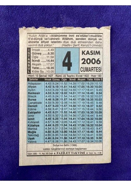 4 Kasım 2006 Takvim Yaprağı - Nostalji Koleksiyonluk Takvim Yaprağı